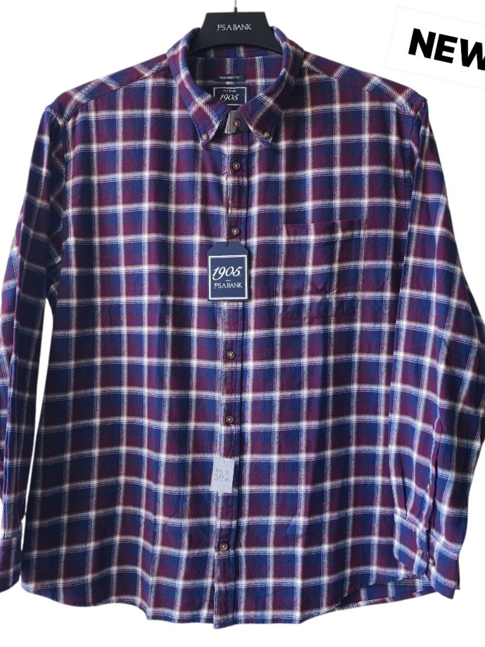 XL Flannel Shirt New Mens Navy Blue Burgundy Plaid Check Jos A Bank Tailored Fit